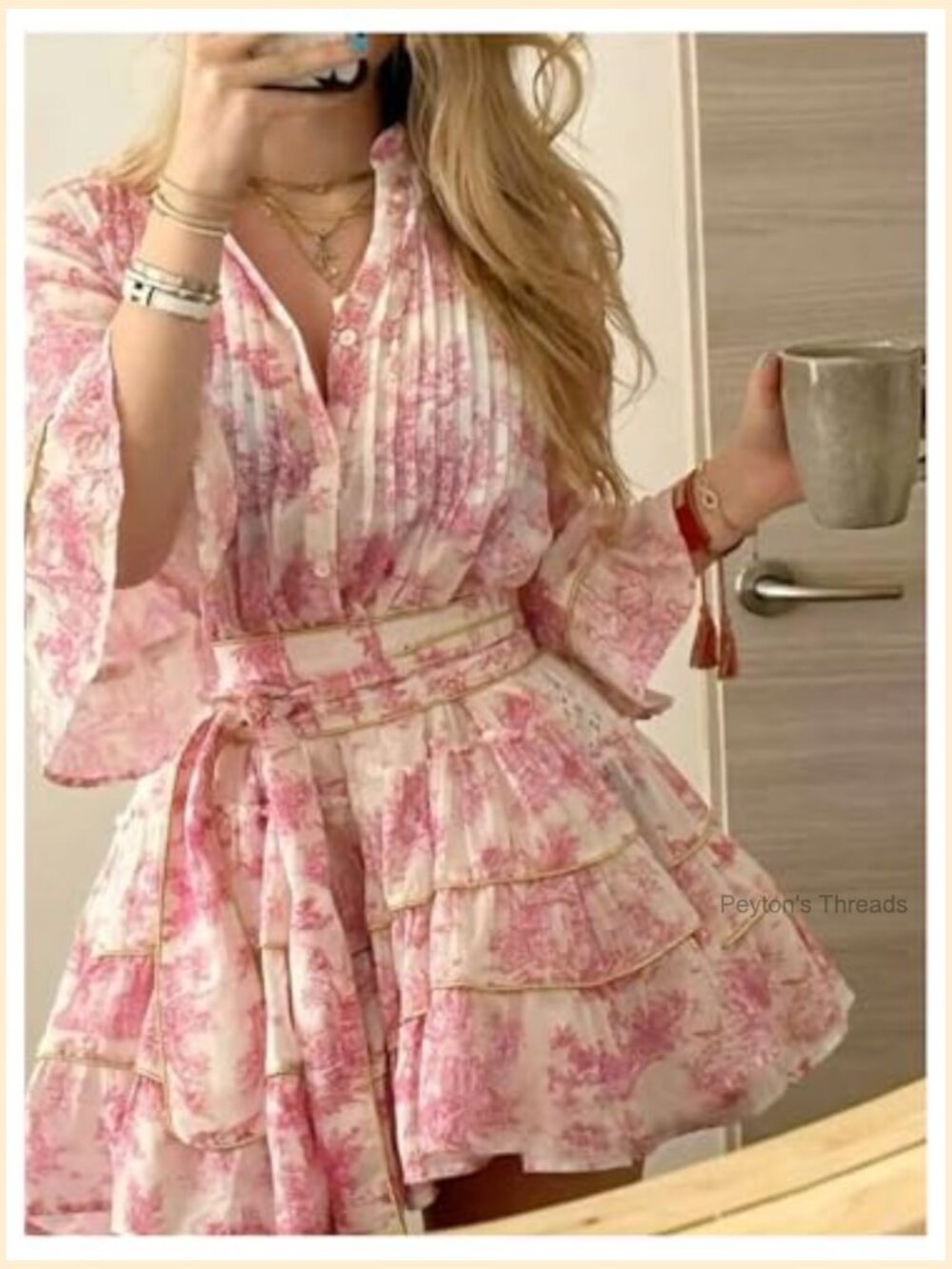 Women's Floral Ruffle Mini Dress V Neck 3/4 Sleeve Flowy Boho Vacation Dresses - Picture 3 of 5